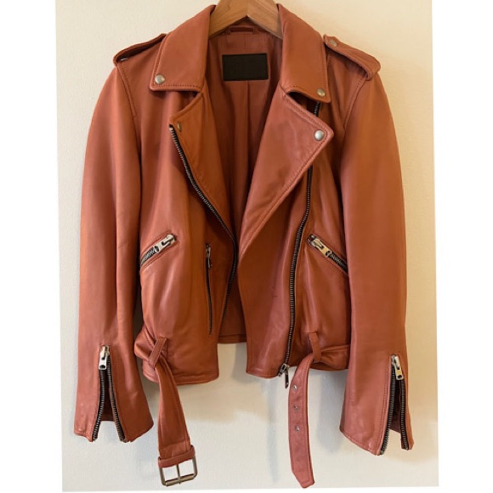 AllSaints Burnt Coral Leather Moto Jacket, Size 6 US